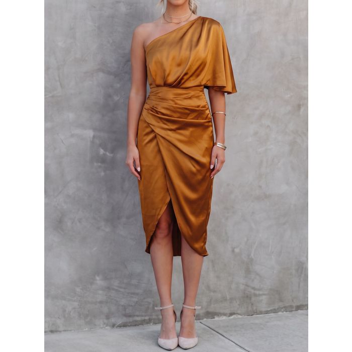 Asymmetrical One Shoulder Ruched Resort Satin Midi Dress
