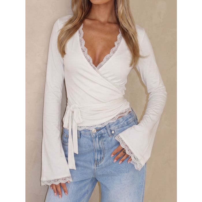 Feminine Scalloped Lace Long Sleeve Resort Tie Waist Wrap Top