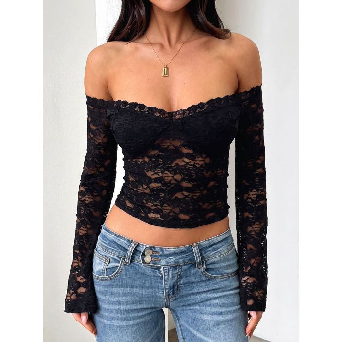Flattering Off Shoulder Bandeau Layer Long Sleeve Resort Crop Lace…