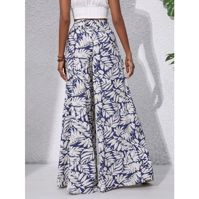Tropical Leaf High Waisted Wide Leg Resort Chiffon Palazzo Pants