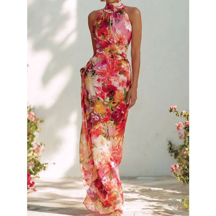 Relaxed Floral High Neck High Waist Sleeveless Resort Chiffon Maxi…