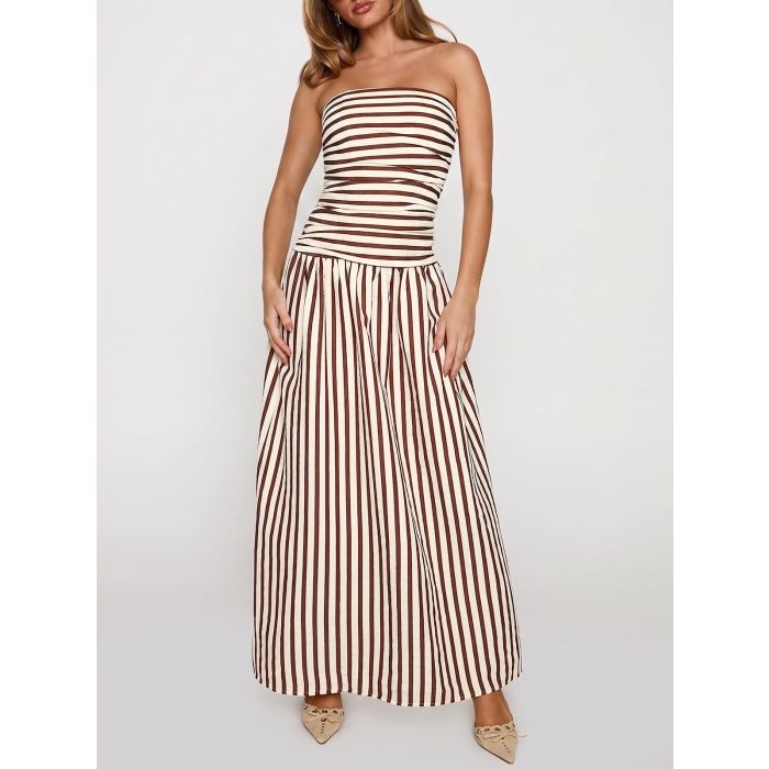 Breezy Ruched Strapless Drop Waist Resort Fit Flare Maxi Dress