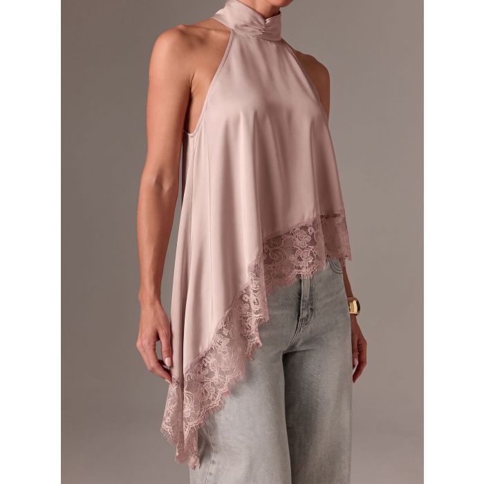 Asymmetrical Scalloped Lace Resort High Neck Silky Satin Top