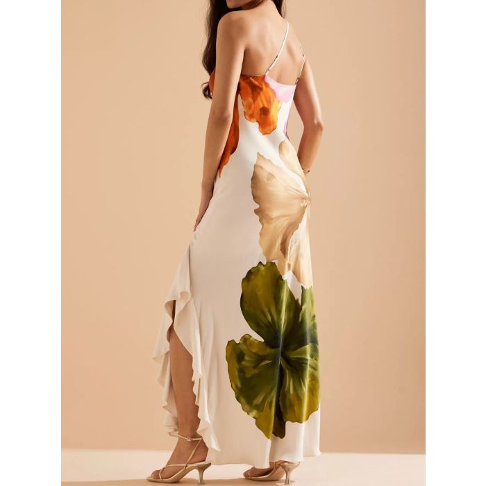 Flowy Floral Ruffle Sparkly Satin Resort One Shoulder Maxi Dress