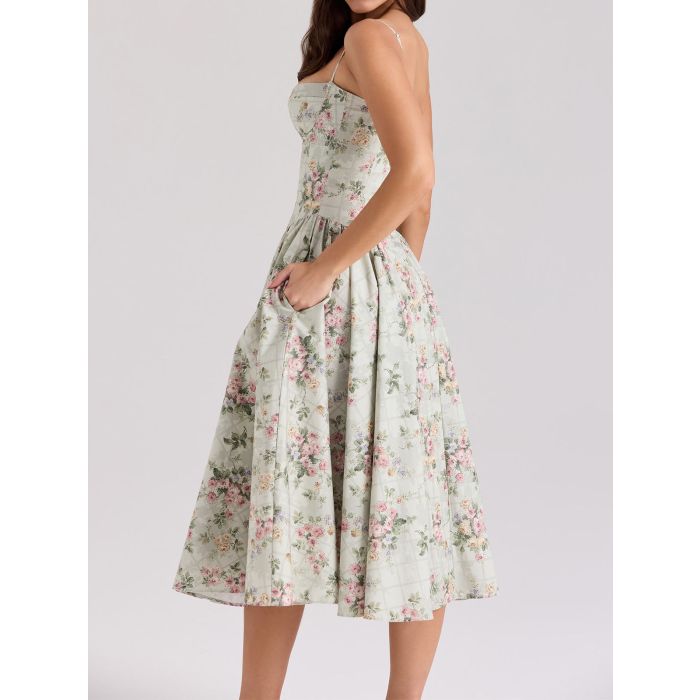 Romantic Floral Bustier Corset Ruched Drop Waist Resort Slip Midi D…