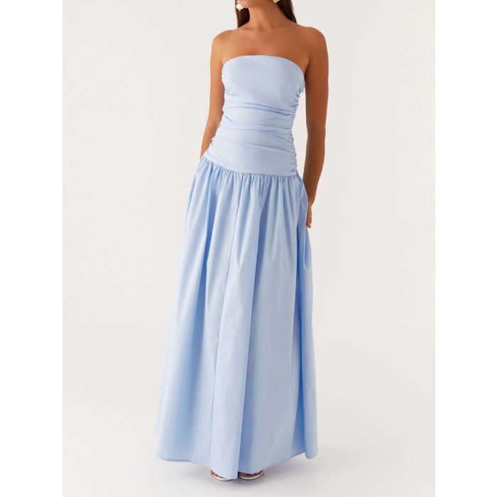 Breezy Ruched Strapless Drop Waist Resort Fit Flare Maxi Dress