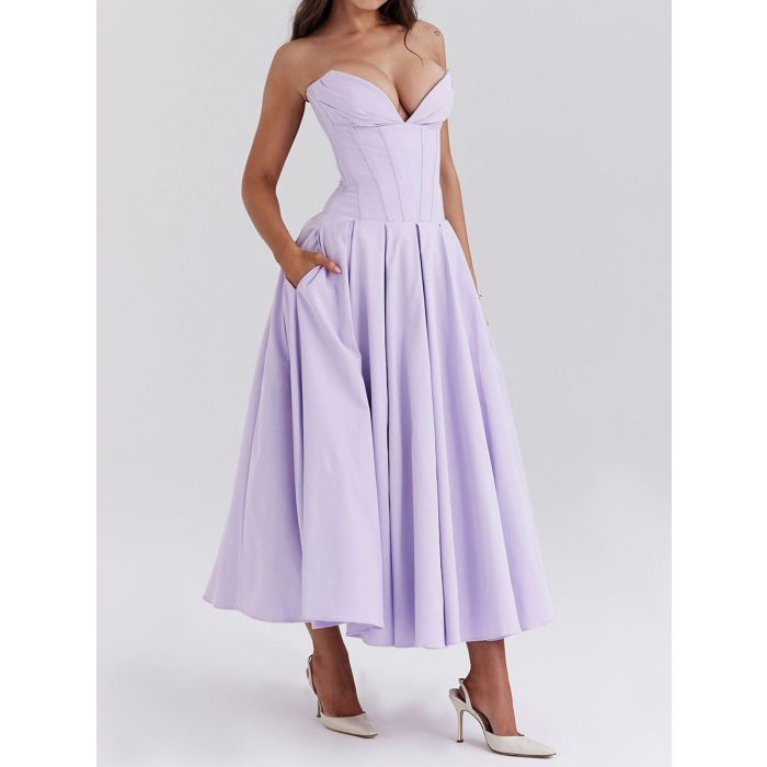 Flattering Bustier Strapless Corset Fit Flare Resort Pleated Midi D…