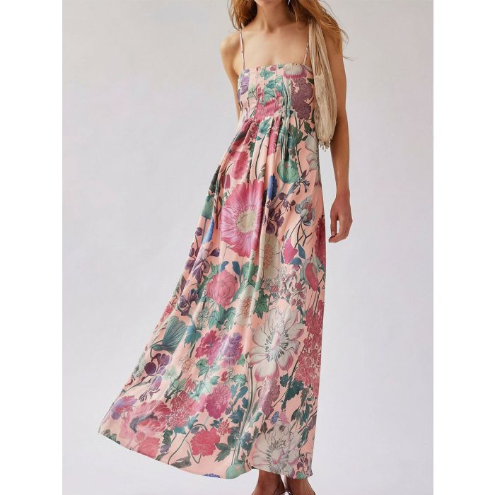 Tropical Floral Square Neck a Line Resort Pintuck Maxi Dress