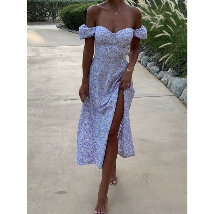 Flattering Bustier Puff Sleeve Lace Up Back Resort Split Floral Mid…