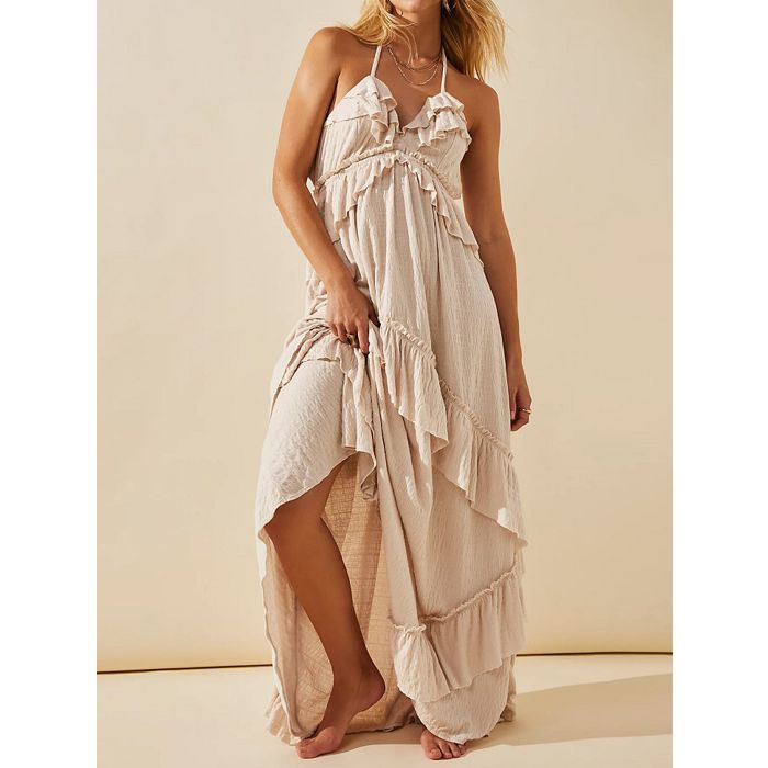 Relaxed Halter Tie Back Tiered Ruffle Resort Crinkled Babydoll Maxi…