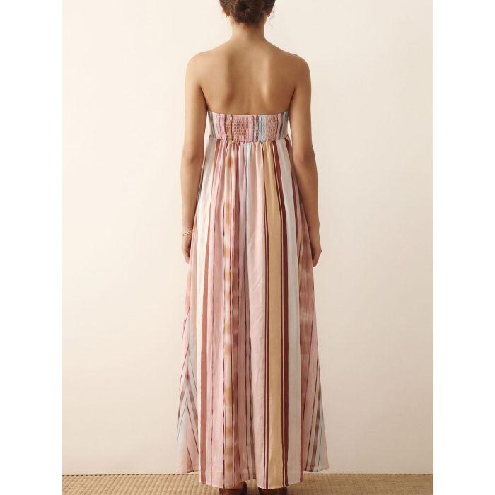 Relaxed Strapless Empire Waist Smocked Back Resort Striped Maxi Dre…