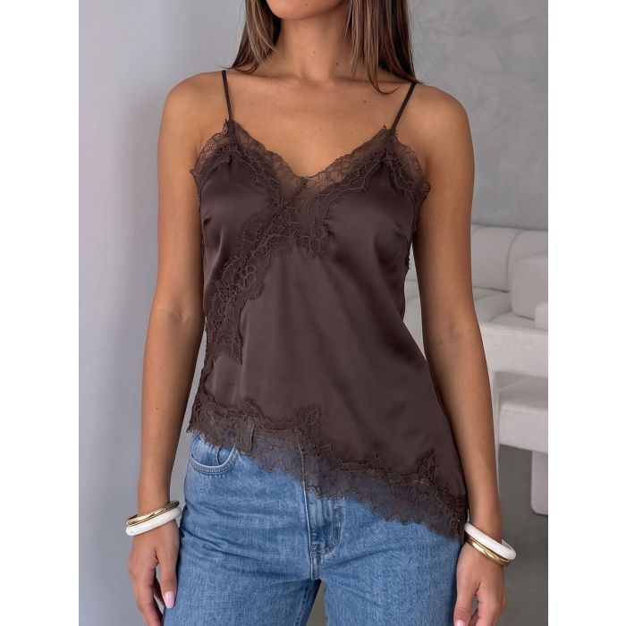 Asymmetrical Lace V-Neck Spaghetti Strap Resort Crop Satin Top