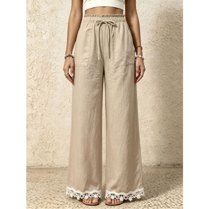 Relaxed Front Tie High Waist Pocket Lace Wide Leg Resort Pants