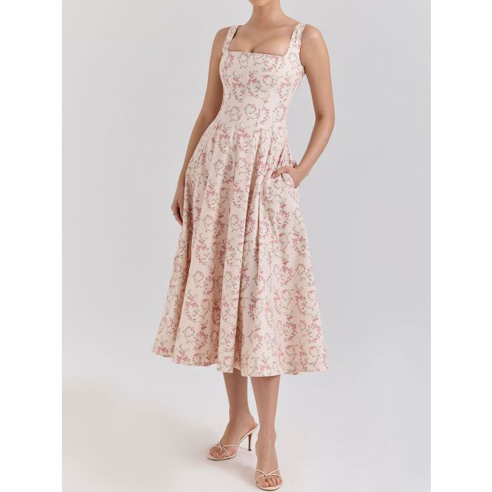 Romantic Square Neck Lace Up Back Resort Floral Midi Sundress