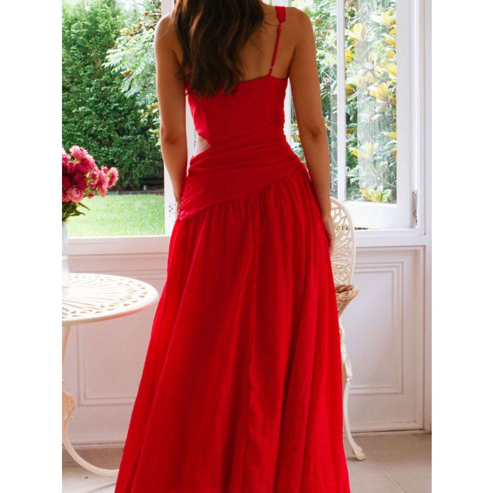 Asymmetrical V-Neck Draped Waist Resort Cutout Maxi Sundress