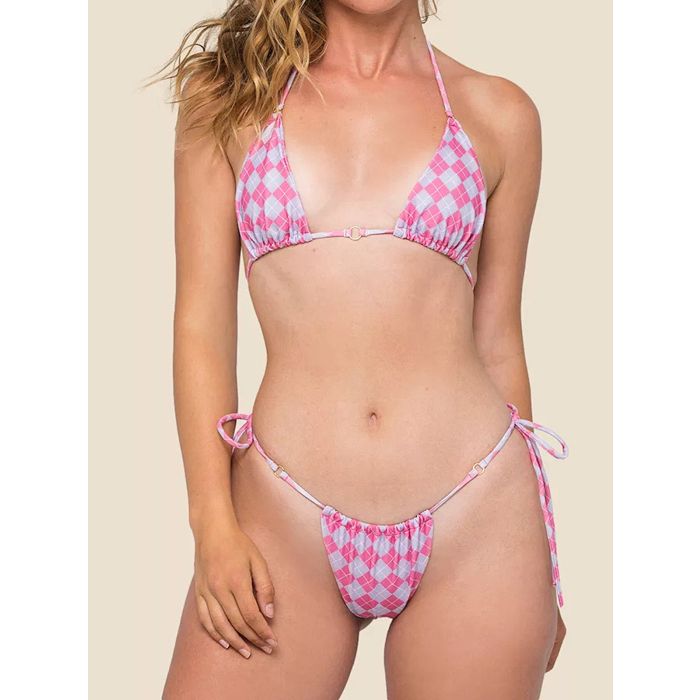 Argyle Tie Side High-Cut O Ring Triangle Two-Piece Bikini Set