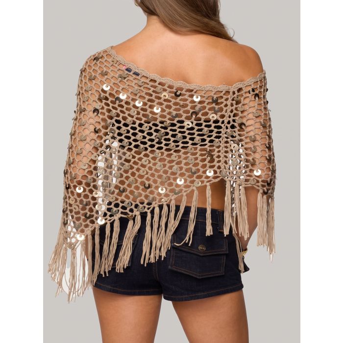Sparkly Sequin Boat Neck Macrame Fringe Resort Crochet Knit Poncho…