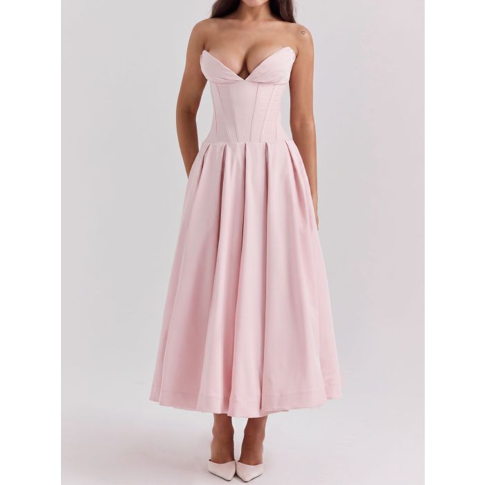 Flattering Bustier Strapless Corset Fit Flare Resort Pleated Midi D…