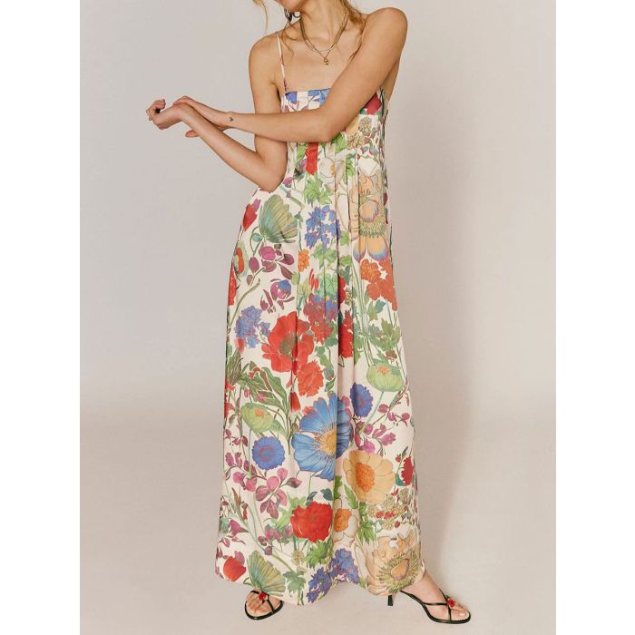 Tropical Floral Square Neck a Line Resort Pintuck Maxi Dress