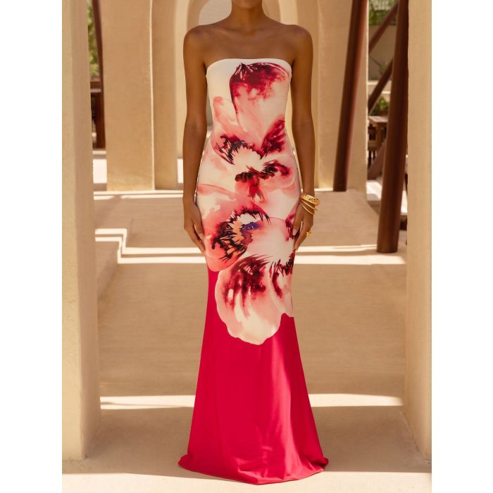 Vibrant Ombre Floral a Line Summer Resort Strapless Maxi Dress