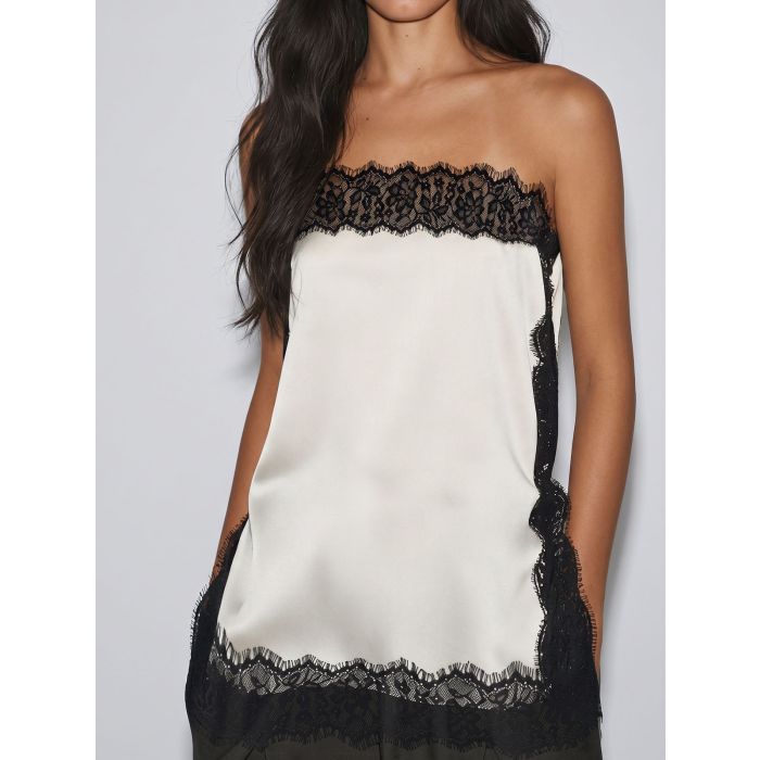 Feminine Floral Lace Strapless Side Slit Resort Longline Satin Top