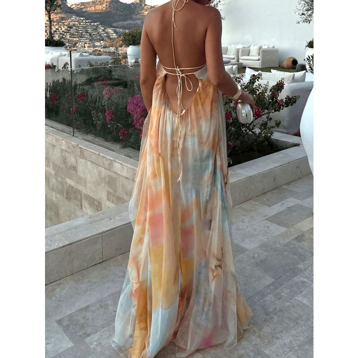 Flattering Backless Halter Tie a Line Resort Chiffon Floral Maxi Dr…