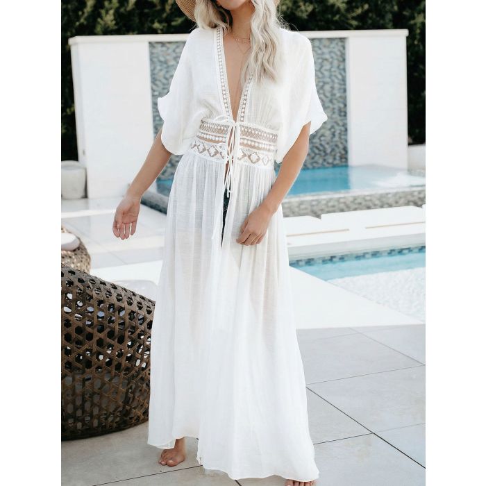Breezy Tie Front Short Sleeve Crochet Lace Beach Maxi Cover-Up