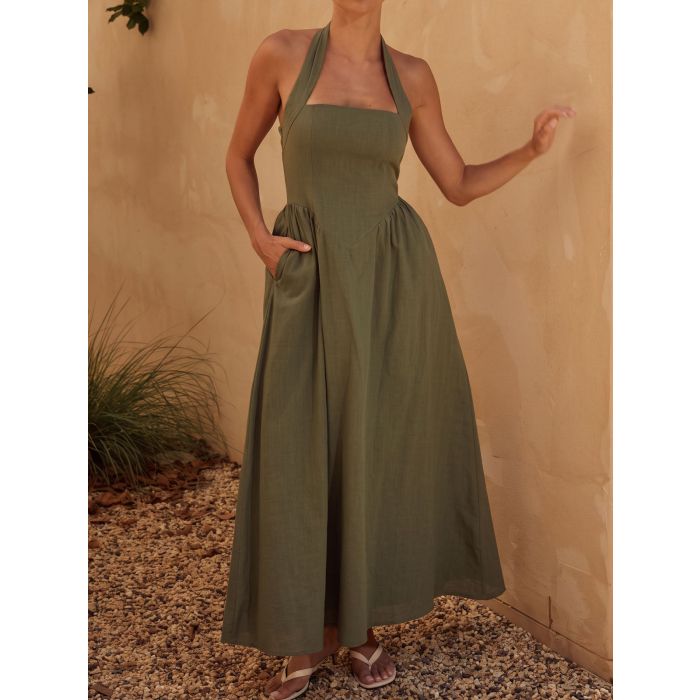 French Halter Fit Flare Sleeveless Resort Drop Waist Maxi Dress