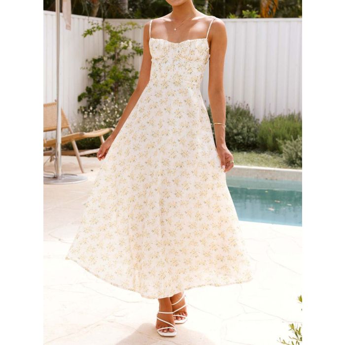 Flattering Ruched Sweetheart Tie Back Resort Floral Slip Midi Dress