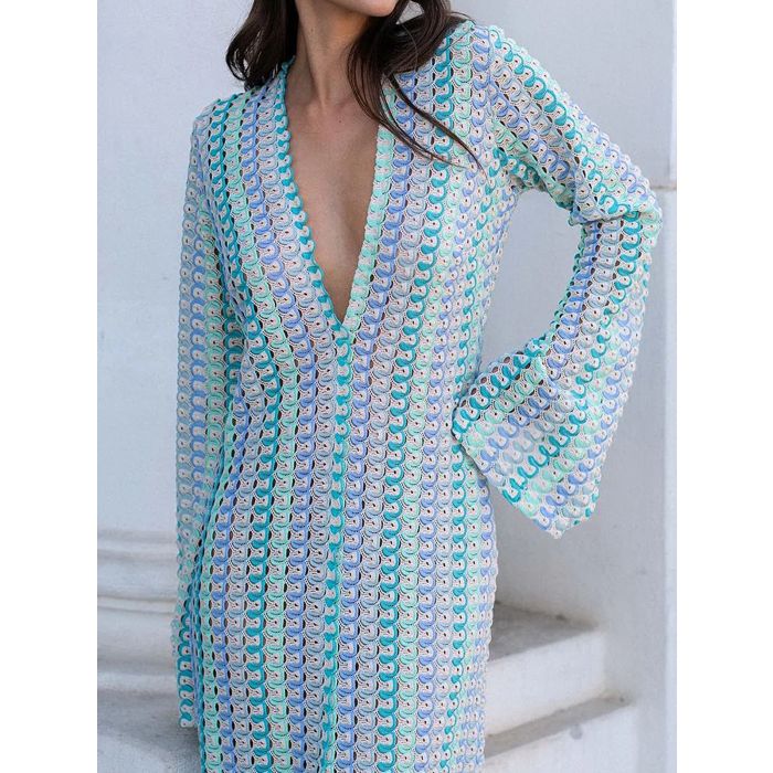 Resort Scalloped V-Neck Bell Sleeve Crochet Knit Maxi Dress