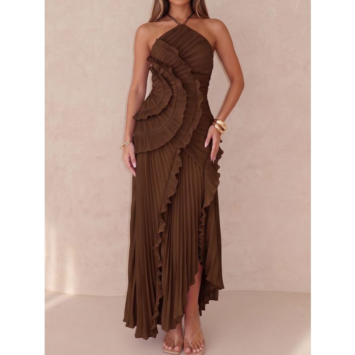 Asymmetrical Ruffle High Neck Resort Chiffon Pleated Midi Dress