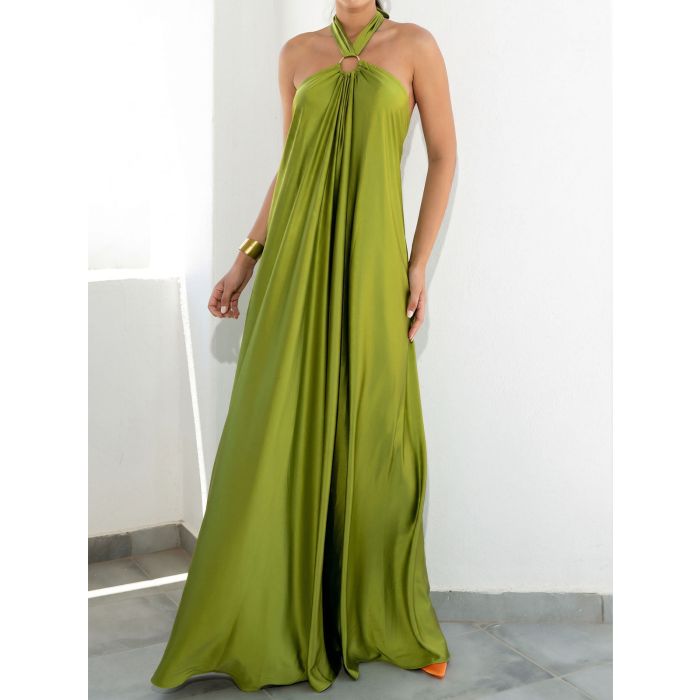 Flowy O Ring Halter Tie Backless Oversized Resort Satin Maxi Dress