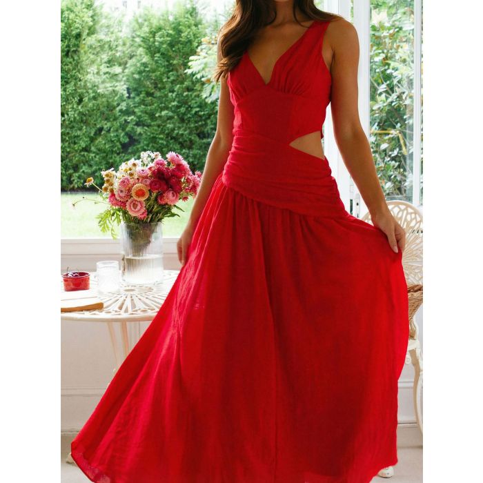 Asymmetrical V-Neck Draped Waist Resort Cutout Maxi Sundress