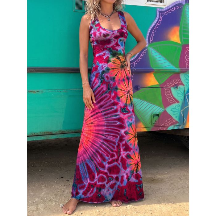 Sunburst Tie Dye Criss Cross Back Resort Summer Tank Maxi Dress