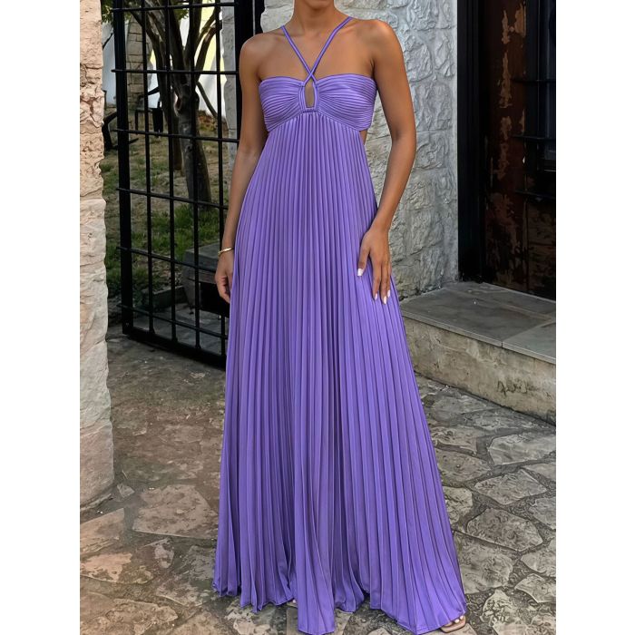 Flowy Crisscross Strap Empire Waist Resort Pleated Cutout Maxi Dress