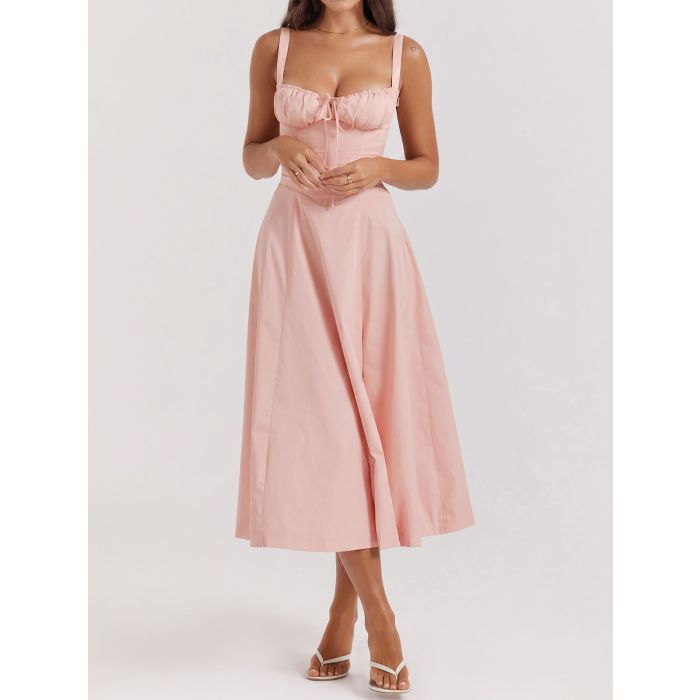 Breezy Tie Front Sweetheart Fit Flare Lace Up Resort Slit Midi Sund…