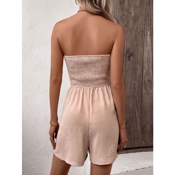 Casual Ruffled Smocked Strapless Button Resort Wide Leg Romper