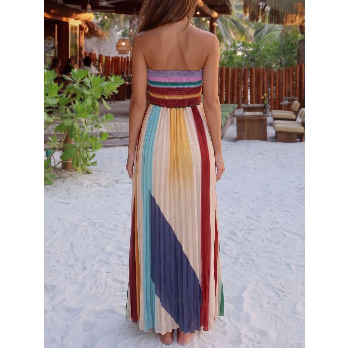Colorful Rainbow Stripe Strapless High Waist Resort Pleated Maxi Dr…