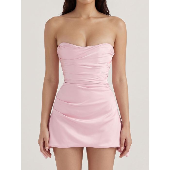 Pretty Strapless Ruched a Line Silky Satin Resort Corset Mini Dress
