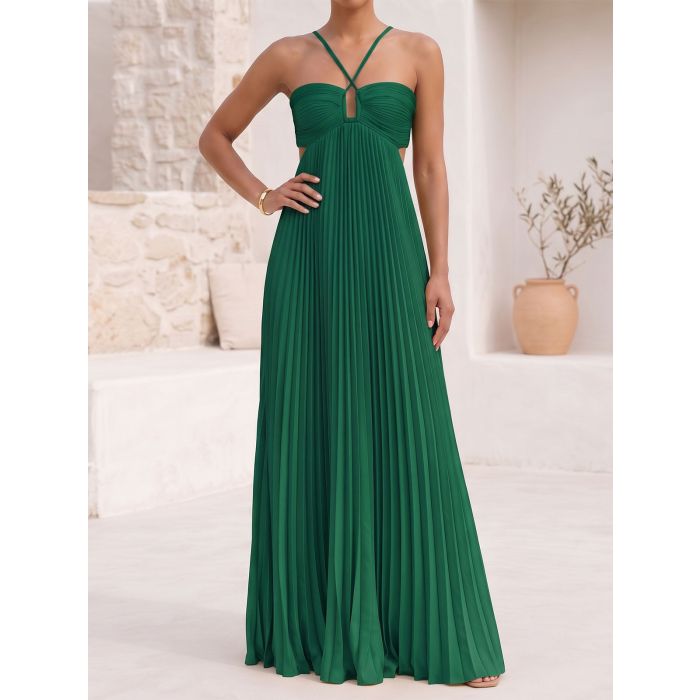 Flowy Crisscross Strap Empire Waist Resort Pleated Cutout Maxi Dress