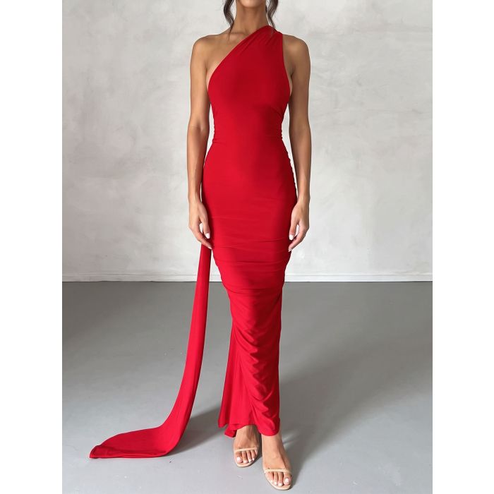 Flattering Backless Draped O Ring One Shoulder Ruched Fishtail Maxi…