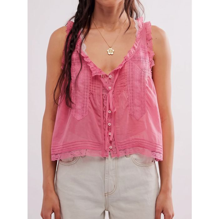 Relaxed Chic Ruffled Tie Front Button Up Resort Lace Crop Tank Top