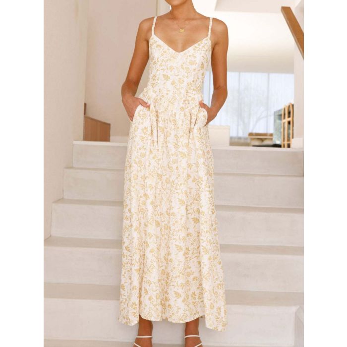Playful Bow Tie V-Neck Drop Waist Resort Floral Slip Midi Dress