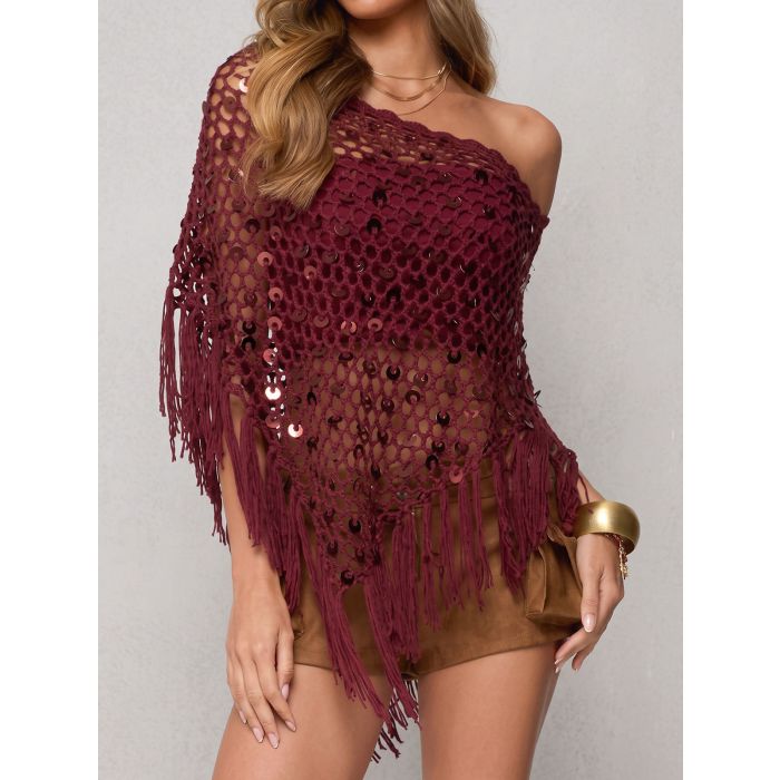 Sparkly Sequin Boat Neck Macrame Fringe Resort Crochet Knit Poncho…