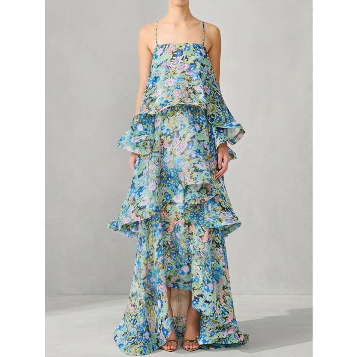 Ethereal Square Neck Tiered Ruffle Resort Floral Slip Maxi Dress