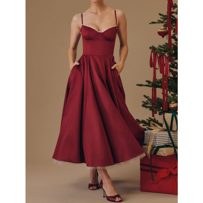 Elegant Sweetheart Fit Flare Tulle Layer Resort Satin Slip Midi Dre…