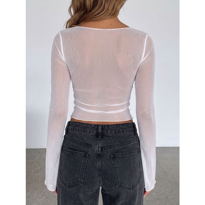 Flattering Boat Neck Bandeau Layer Long Sleeve Resort Crop Mesh Top