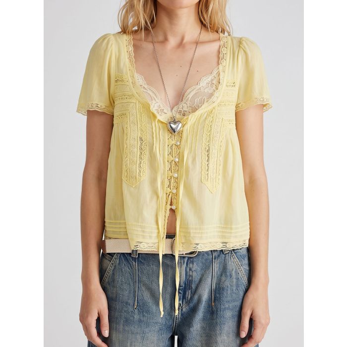 Playful Ruffled Tie Front Button Up Short Sleeve Resort Lace Crop T…