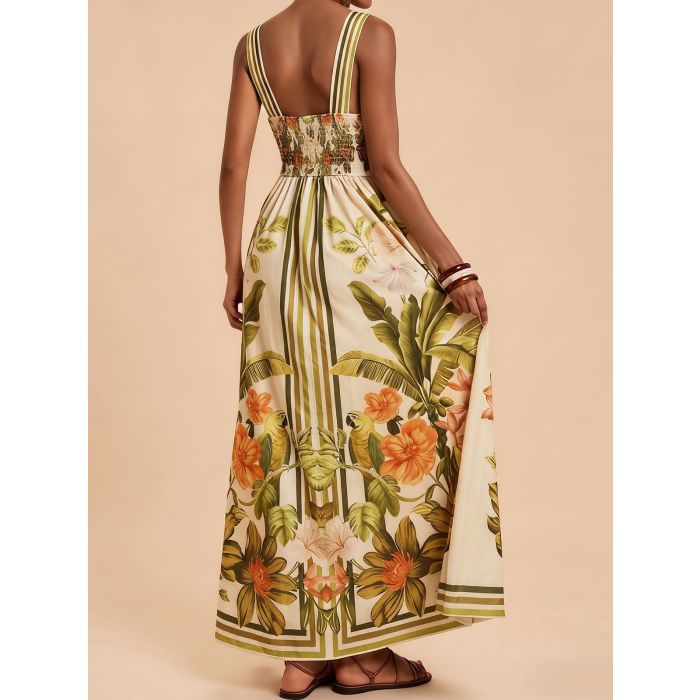 Tropical V-Neck Sleeveless High Waist Resort Striped Floral Maxi Dr…