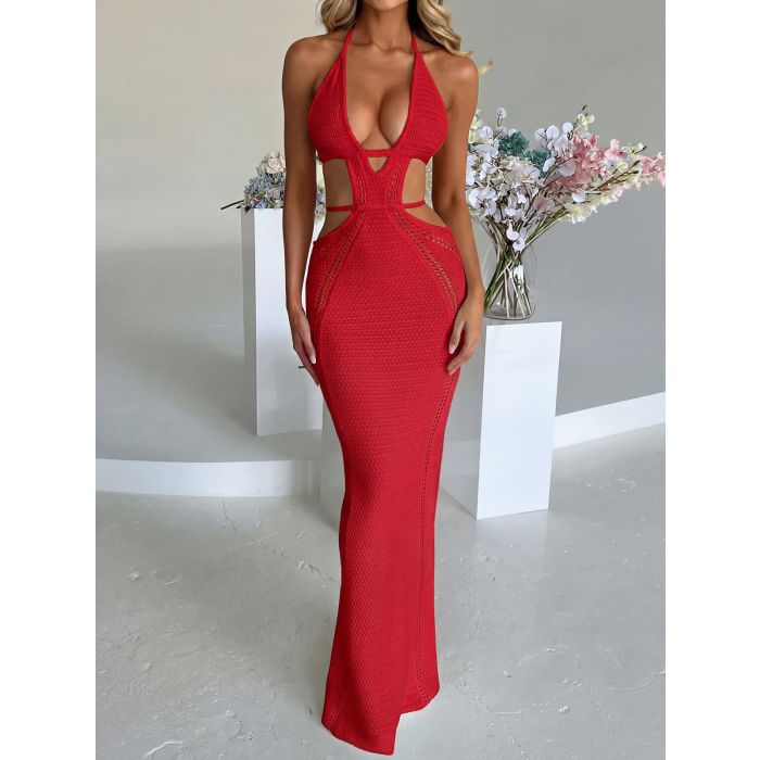 Flattering Plunge Halter Tie Backless Cutout Beach Crochet Knit Max…
